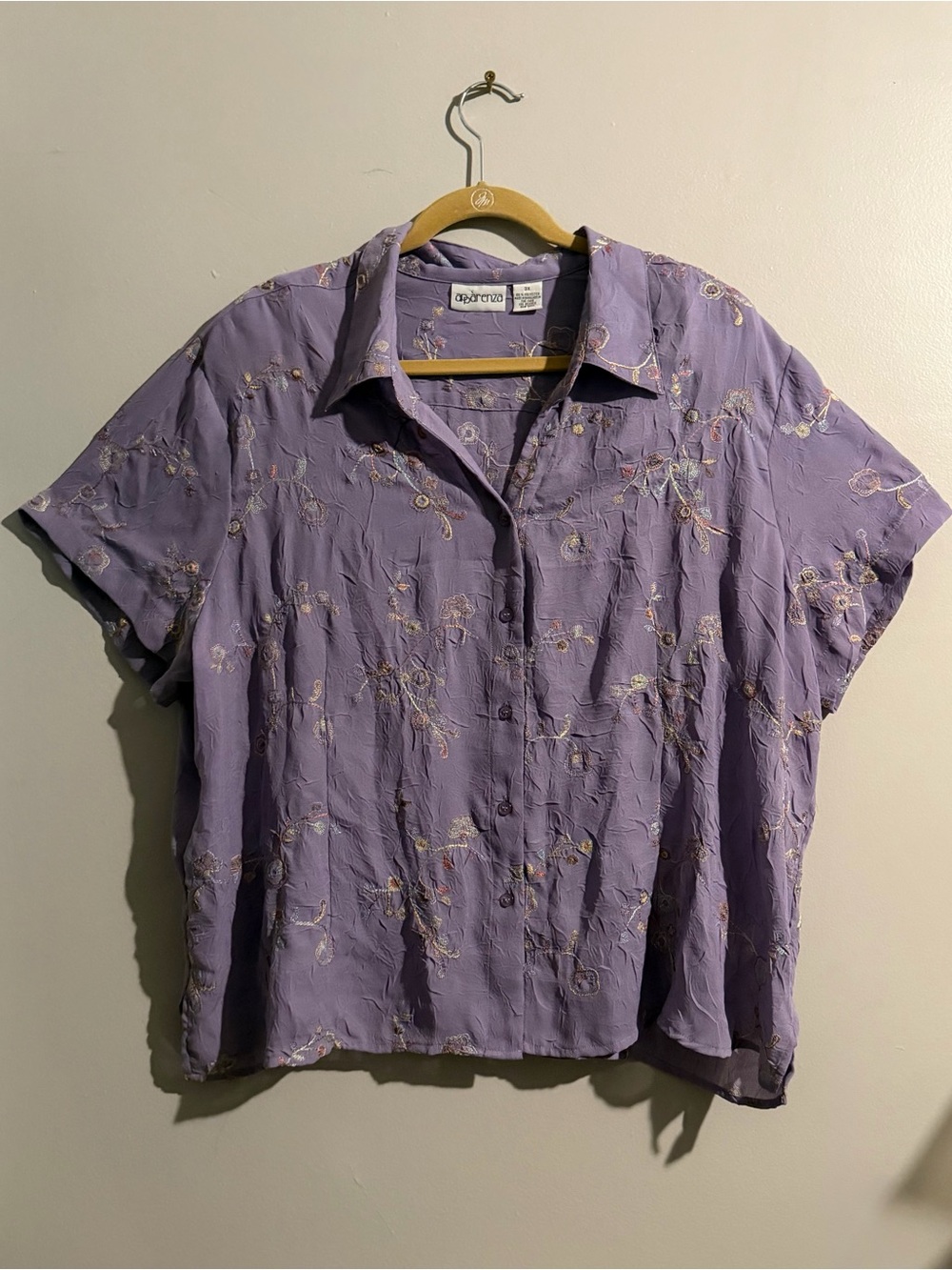 Aparenza 3X Purple Embroidered Floral Button
Front Short Sleeve Blouse